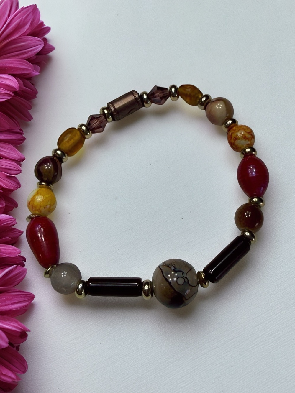 Hand Crafted Multicolor Beaded Bracelet — Red, Yellow & Brown Accents